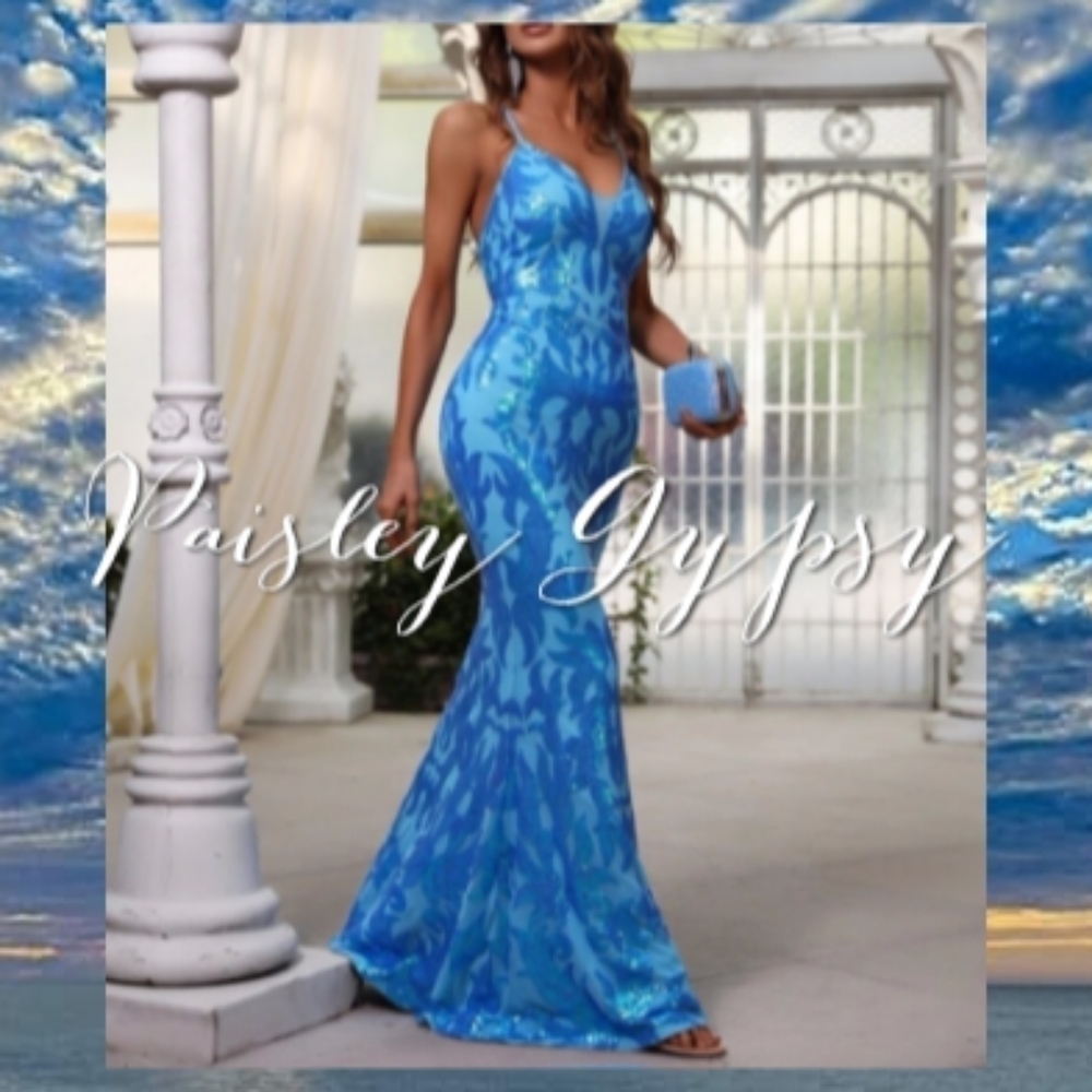 Lux Sparkling Spaghetti Strap Backless Mermaid  Forma…